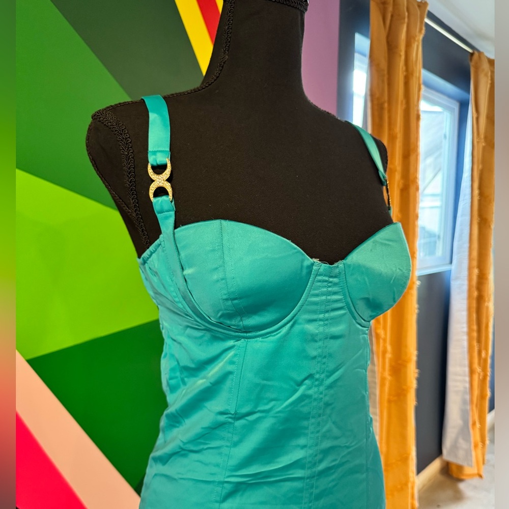 Y2K Marciano Turquoise Bustier Satin Midi Dress - Picture 3 of 7